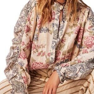 Free People Floral Paisley Blouse - Cream, Pink, Blue